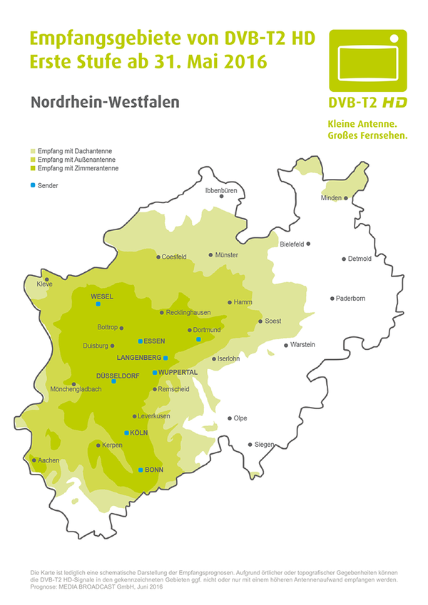Karte der DVB-T2 HD Empfangsgebiete in NRW